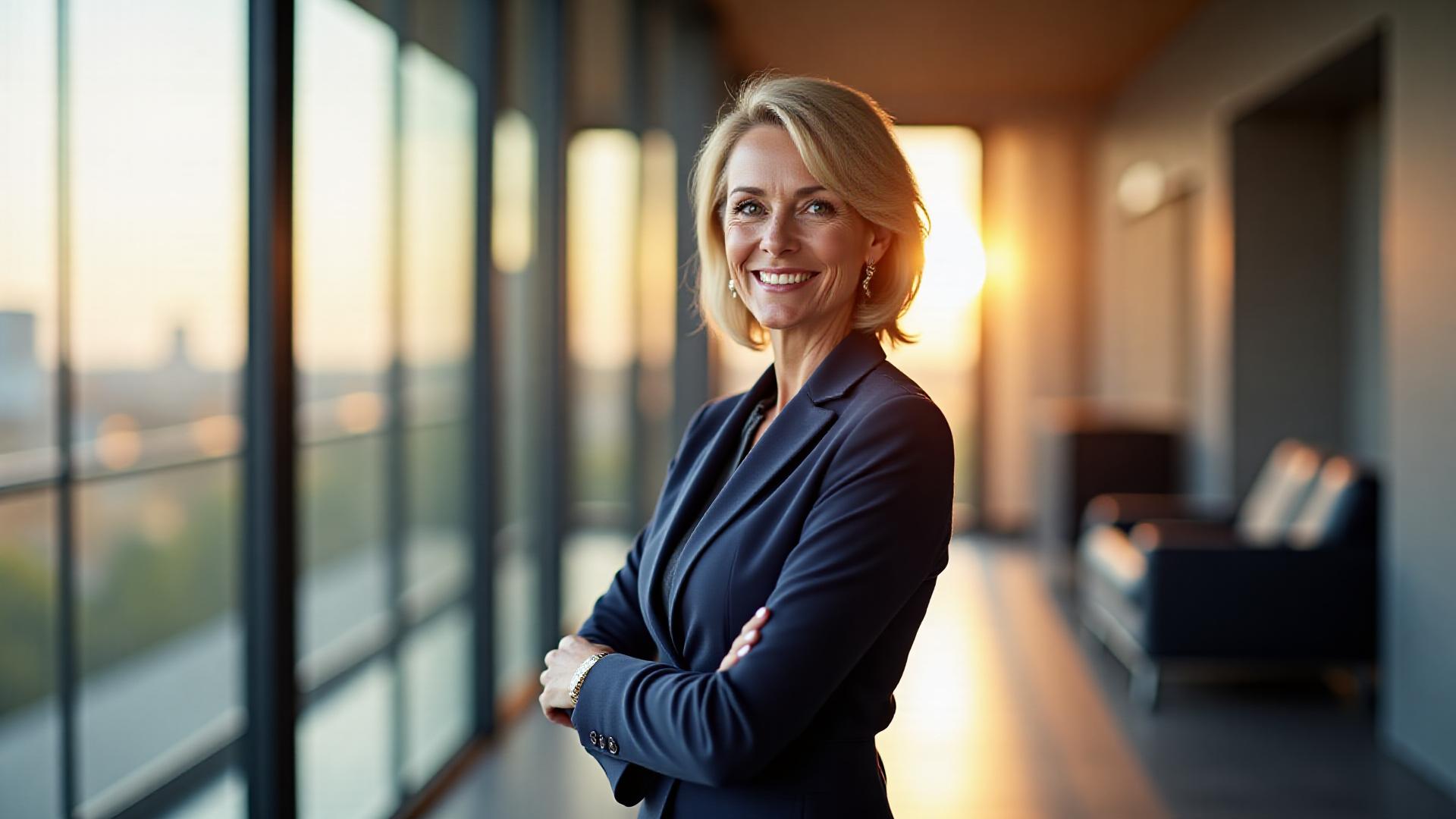 Sophisticated woman, the founder of Panda Panache, smiling confidently in a modern, light-filled office space in Atlanta