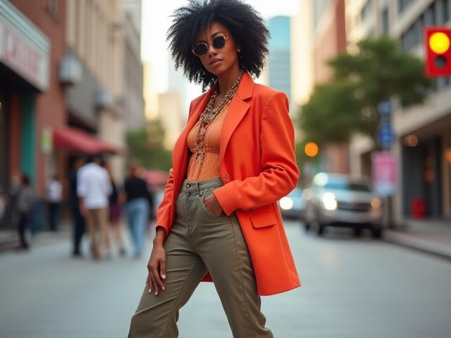 Fashion blogger @ATLStyleMaven posing confidently in a chic, bold outfit in an urban Atlanta setting