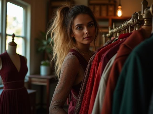 Stylish woman browsing a vintage clothing rack in a curated Atlanta boutique