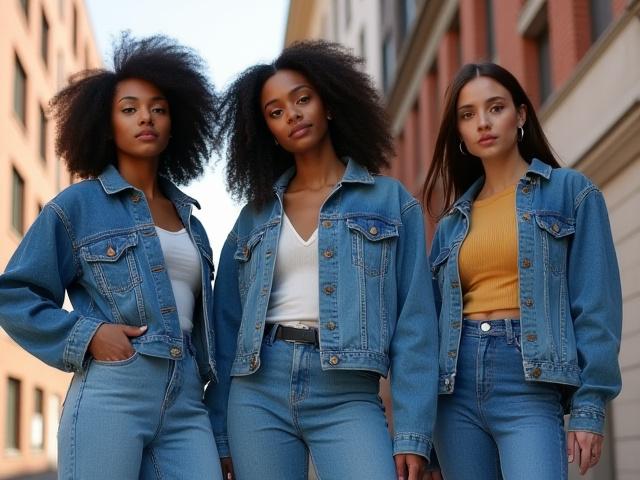 Diverse group of stylish individuals showcasing various contemporary denim styles and fits.