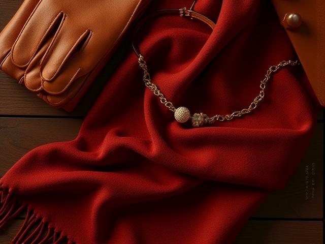 Close-up on hands arranging luxurious fall accessories: a silk scarf, fine leather gloves, and delicate gold jewelry.