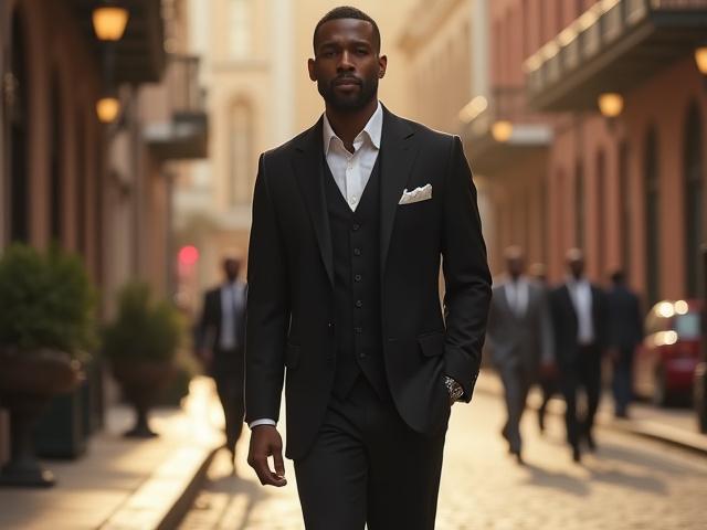 Stylish man in a well-tailored suit walking through a historic Atlanta district.