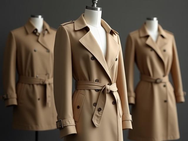 Burberry trench coat on a mannequin with other trench coats blurred in background