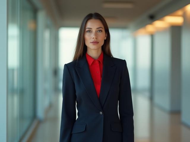 Modern professional woman wearing a power suit in a contemporary office setting