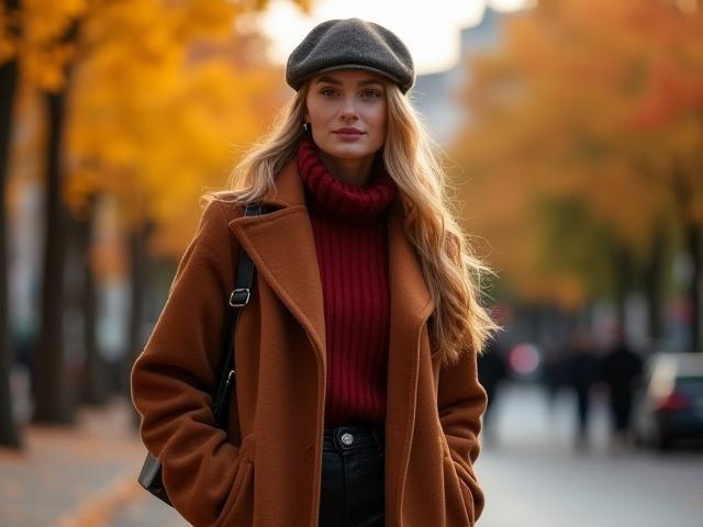 A model posing in a trendy fall outfit, showcasing rich textures and seasonal colors.