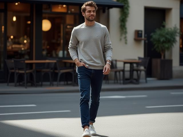 A man dressed in smart casual attire, exuding effortless elegance in an urban setting.