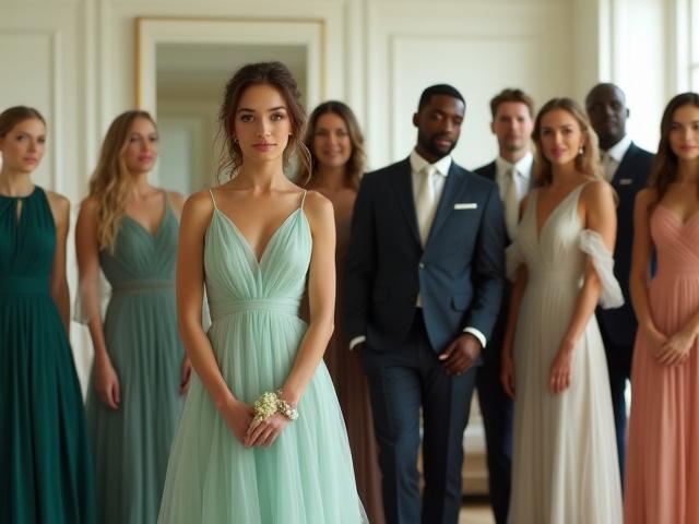 Elegant wedding guests in sophisticated attire, reflecting various dress codes.