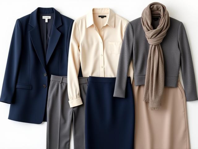 A neatly organized closet with five versatile workwear pieces, ready for mixing and matching.